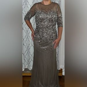 Adrianna Papell Women's 3/4 Sleeve Beaded Illusion Gown Lead 12P